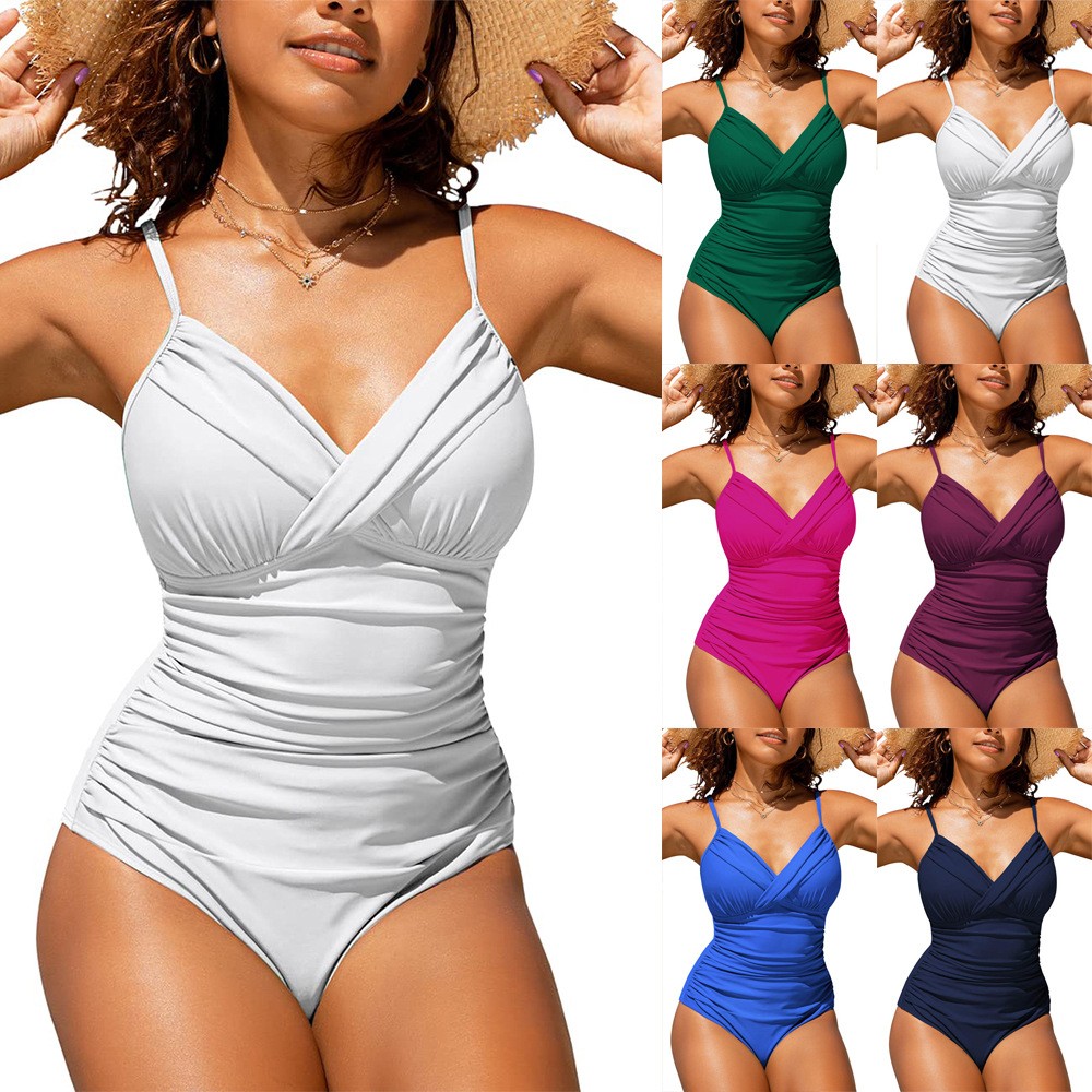 Swimsuit Bikini Ruched - Женский купальник-танкини с V-образным вырезом, однотонный,