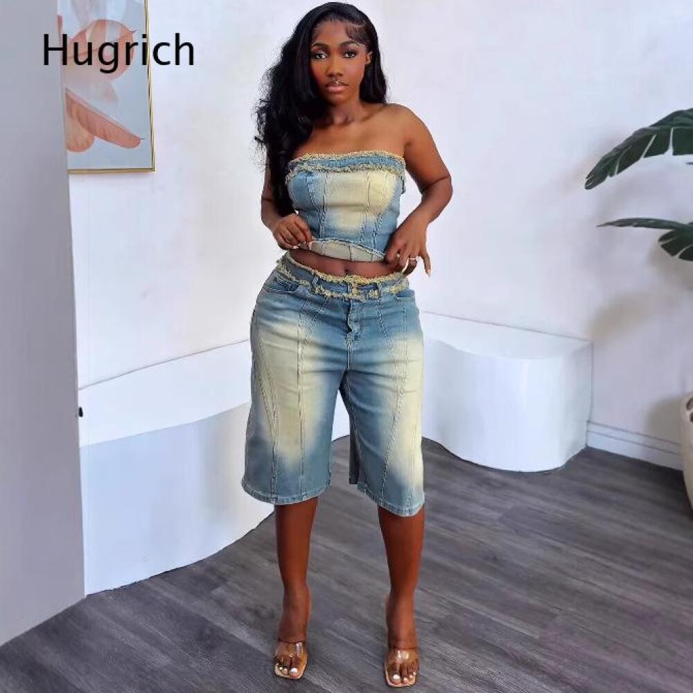 Shorts Denim Frayed - Женский комплект: топ-бюстье без бретелек с