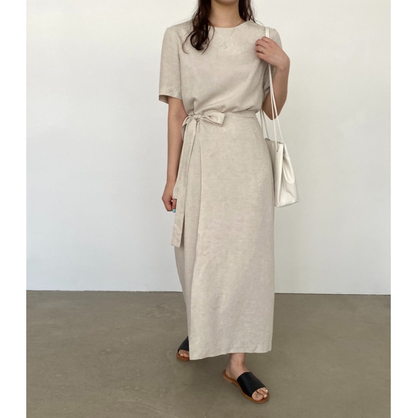 Linen Dress Wrap - Элегантное хлопково-льняное платье-сарафан с поясом, короткий